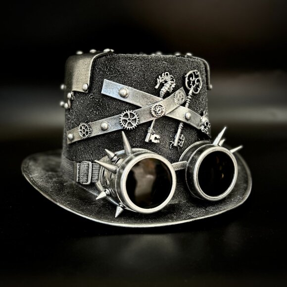 Steampunk Top Hat Metallic Scientist Time Traveler Halloween Costume Cosplay Hat - Picture 2 of 5